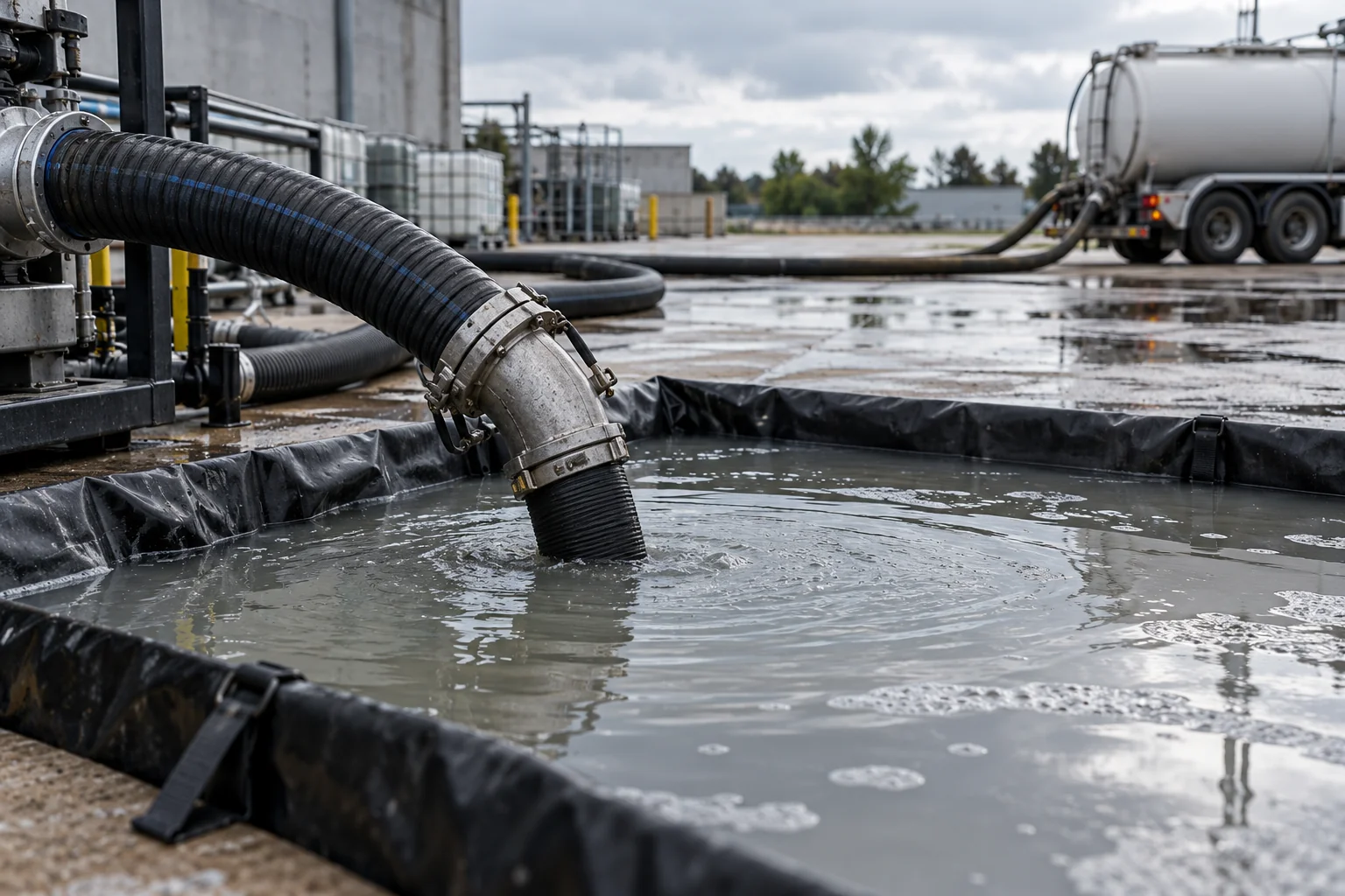 Illustratief beeld van een afzuigslang bij opgevangen water op een industriële locatie