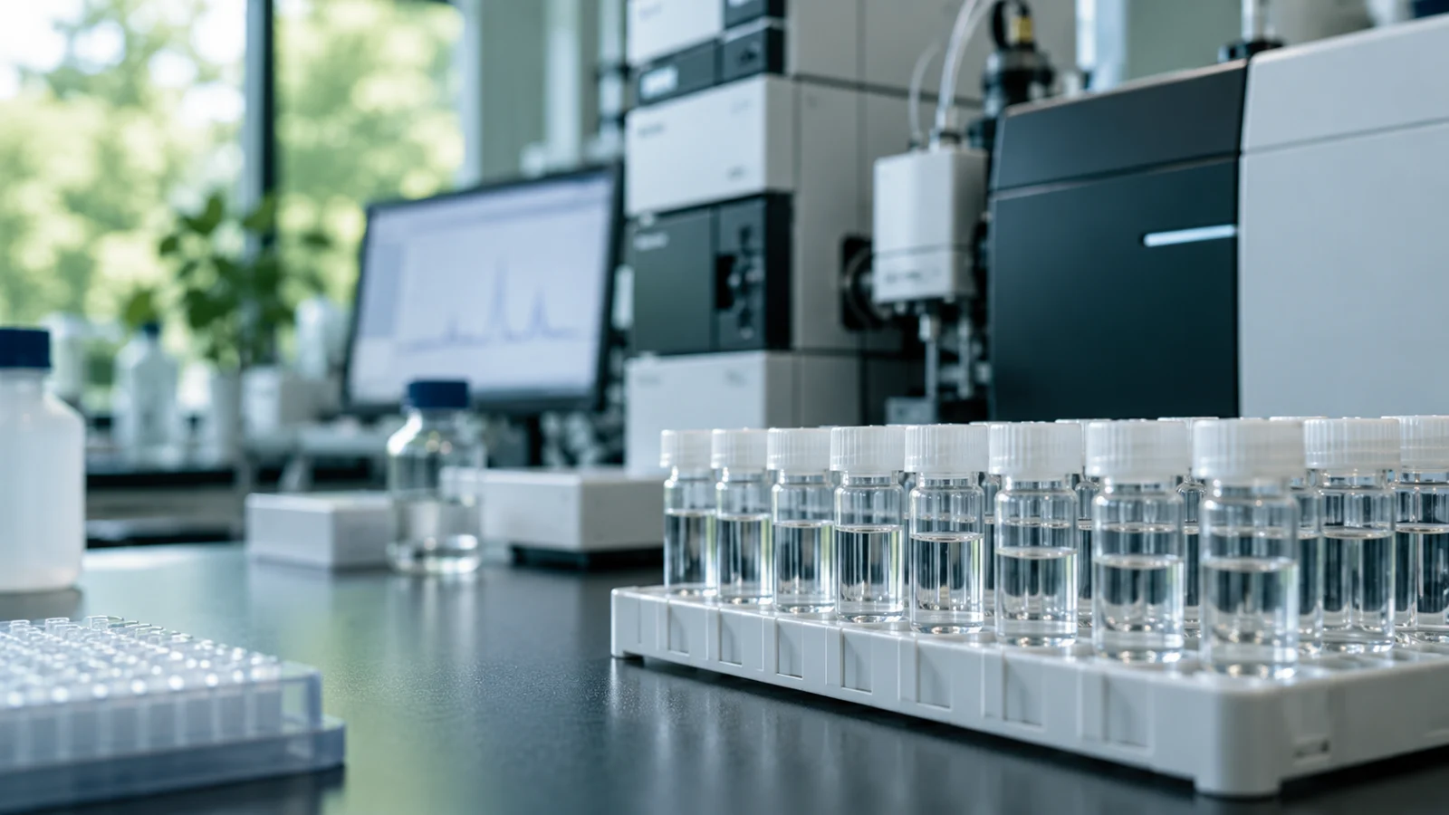 Sfeerbeeld van monsterbuisjes en analytische apparatuur in een laboratorium